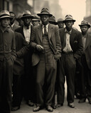 Street scene, Great Depression, 1930s, bread line, men in worn suits and hats, subtle grain, dusty atmosphere