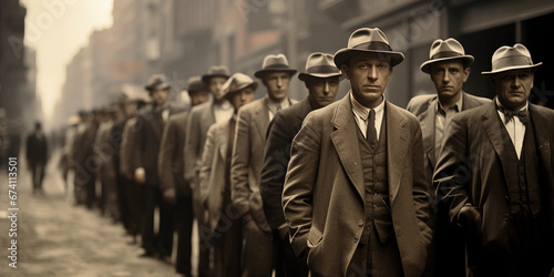 Street scene, Great Depression, 1930s, bread line, men in worn suits and hats, subtle grain, dusty atmosphere photo