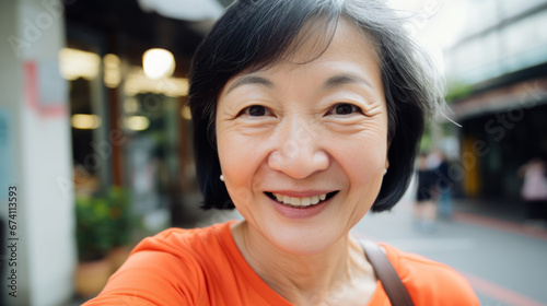 Closeup selfie portrait of happy smiling senior asian woman outdoors
