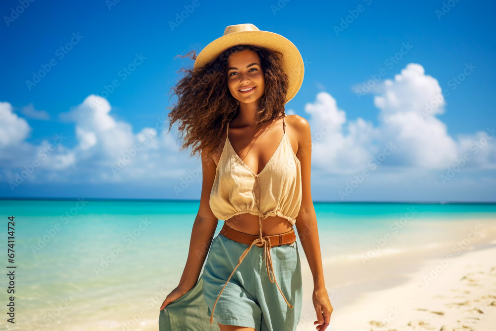 portrait of an attractive young woman in a hat loving life smiling and having fun on the beach with the surf in the background having fun relaxing no cares or worries