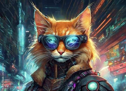 illustration d'un chat au pelage roux portant des lunettes et une attitude cyber punk rock sur un fond de décor d'une ville la nuit photo