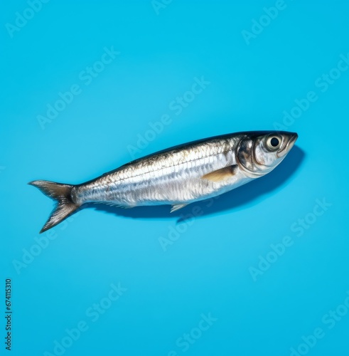 Sardine fish on the blue background, minimalism