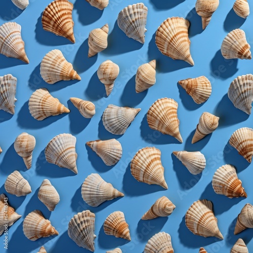 Sea shells pattern on blue background. Summer concept. Flat lay  top view