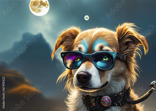 illustration représentant un chien rock portant des lunette de soleil dans la nuit avec une magnifique lune photo