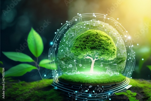 Ecology and environment concept with green planet and tree in the forest Generated image