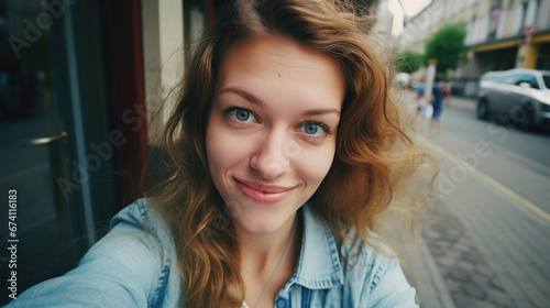 Portrait of wonderful ordinary white female young girl expressing energy in good day in Europe. Lovely woman making selfie closeup