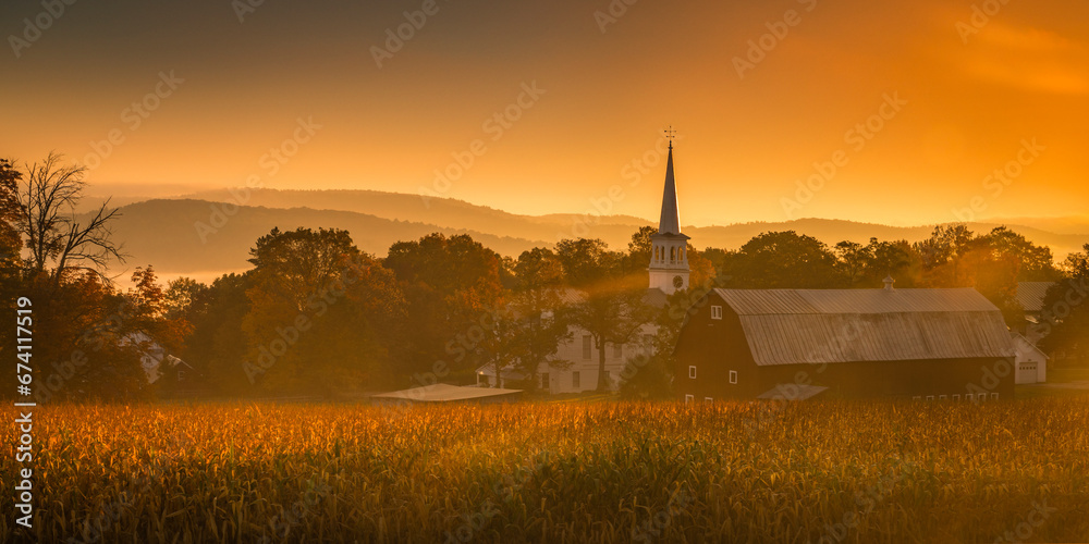 Church and farm at dawn in Vermont