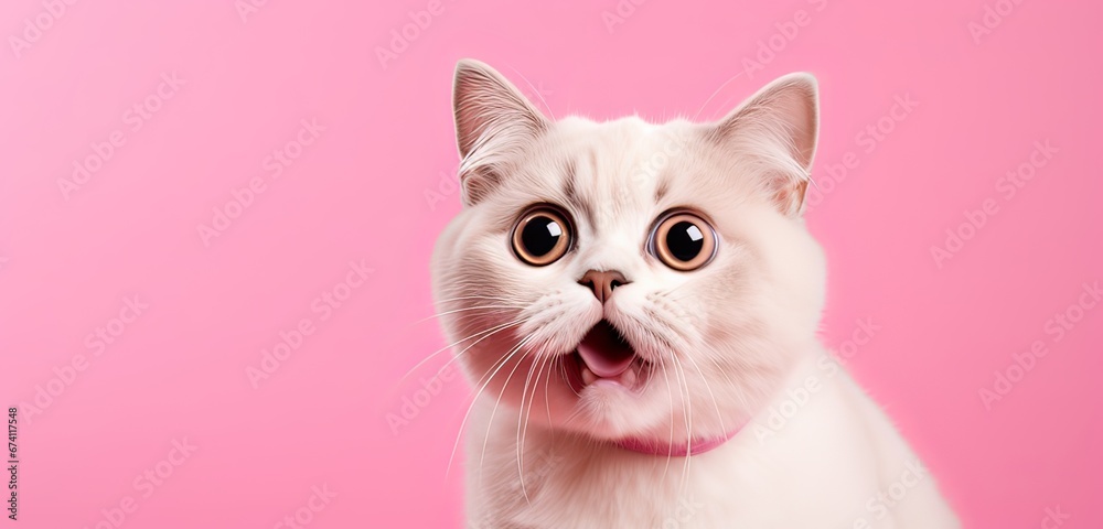a portrait of a Exotic shorthair cat with a surprised expression, looking into the camera isolated a pink background.