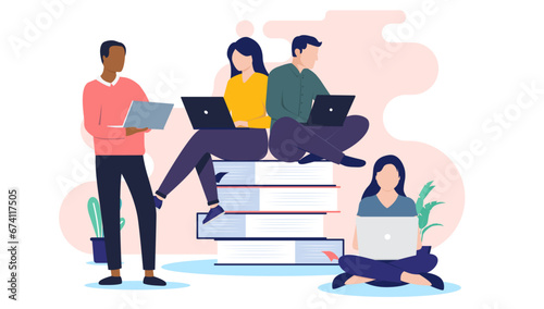 Student and education group - Team of people studying and doing school work using computers and sitting on stack of books. Flat design vector illustration with white background photo
