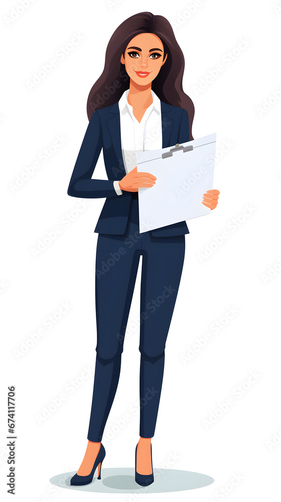 Friendly business woman in a full length position, holding a pen and clipboard, She is smiling while standing, dressed in a business suit, The female office worker character is depicted Friendly business woman in a full length position, holding a pen and clipboard, She is smiling while standing, dressed in a business suit, The female office worker character is depicted