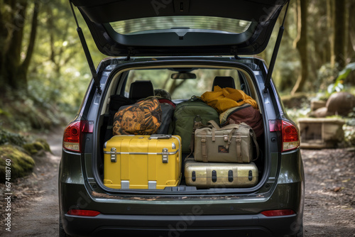 Open trunk of a car with suitcases and belongings, traveling by car to the mountains and forests