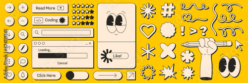 User interface in retro neobrutalism style. Elements for UI UX design. Naive palayful shapes and face. Monochrome elements on a yellow background. Vector illustrations.	
