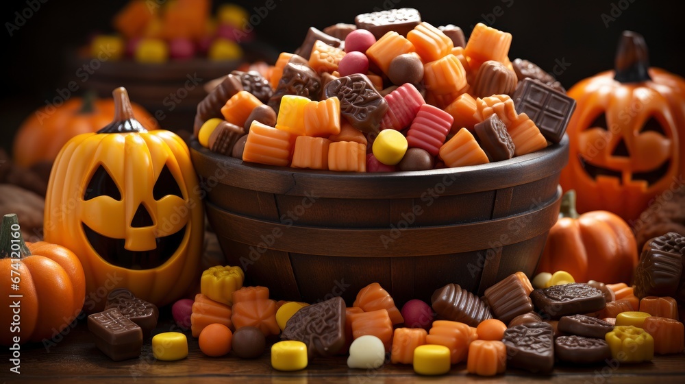 Naklejka premium Halloween Basket Portrait Child Sweets Candy, Bright Background, Background Hd