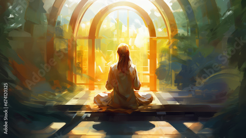 illustration a yogi meditates in the radiant silence of a temple 