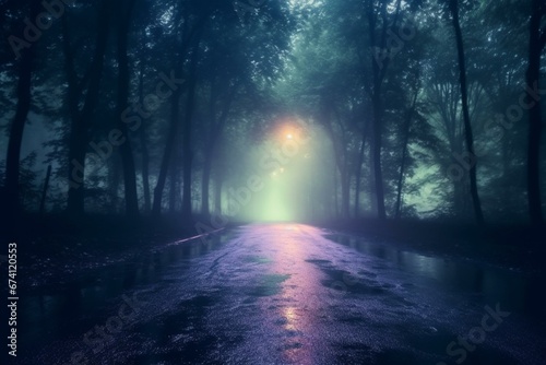 Moonlight through spooky forest fog on abstract bokeh toned asphalt. Generative AI