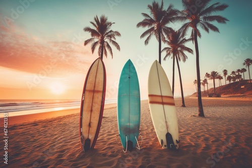 Surfboards on a sandy beach with palm trees in the background. Pastel sunset colors, retro style. Generative AI © Danilo