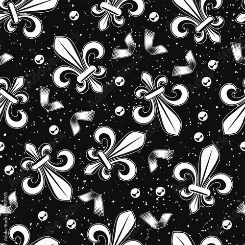 Seamless black and white pattern with fleur de lis, beads, confetti. Mardi gras carnival design. Vintage illustration for prints, clothing, surface design