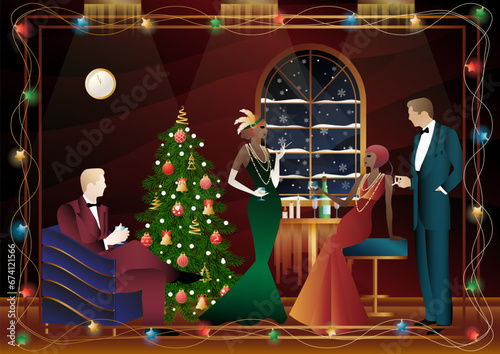 Well dressed human near a decorated Christmas tree with friends on New Year s Eve in a luxury restaurant or at home. Concept for holiday, winter holidays, New Year, Christmas