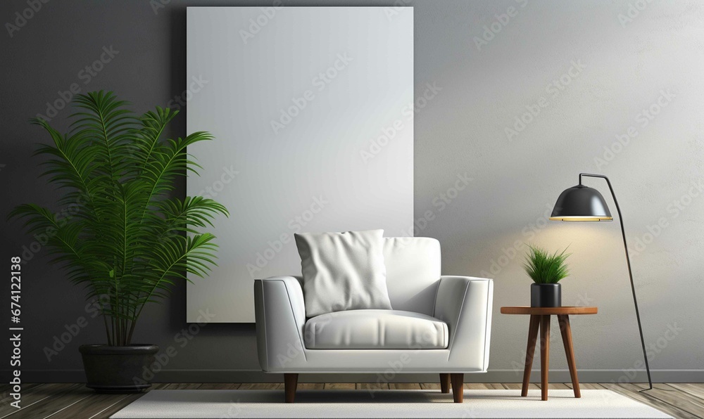 Fototapeta premium Blank canvas for Minimalist living room mockup with contemporary furniture and greenery.