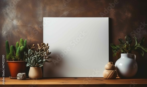 Blank Canvas Mockup on Interior Wall with Art Vase and Potted Plant on Wood Panel