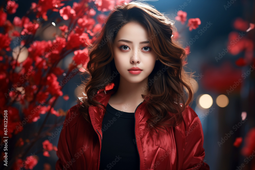 beautiful asian woman wearing a red leather jacket in front of beautiful blooming flowers
