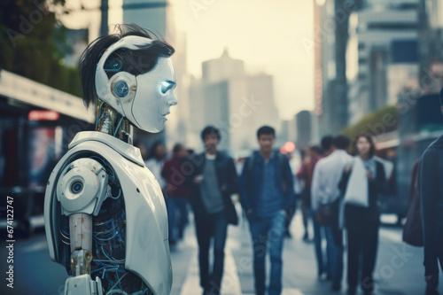 Employee robot walking with peoples. humanoid AI robot crossing street. future automation job.