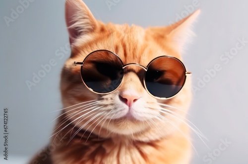 Portrait of an orange cat with sunglasses on gray background.
