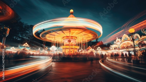 Amusement park in the evening. Long exposure, motion blur. Rest, holidays and entertainment. © Restyler