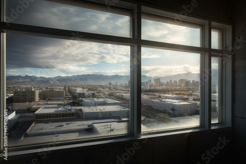 the future urban landscape viewed from a window. Generative AI