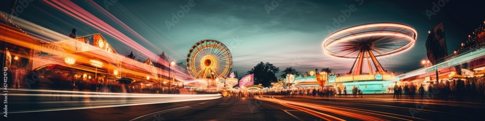 Amusement park in the evening. Long exposure, motion blur. Rest, holidays and entertainment. - obrazy, fototapety, plakaty 