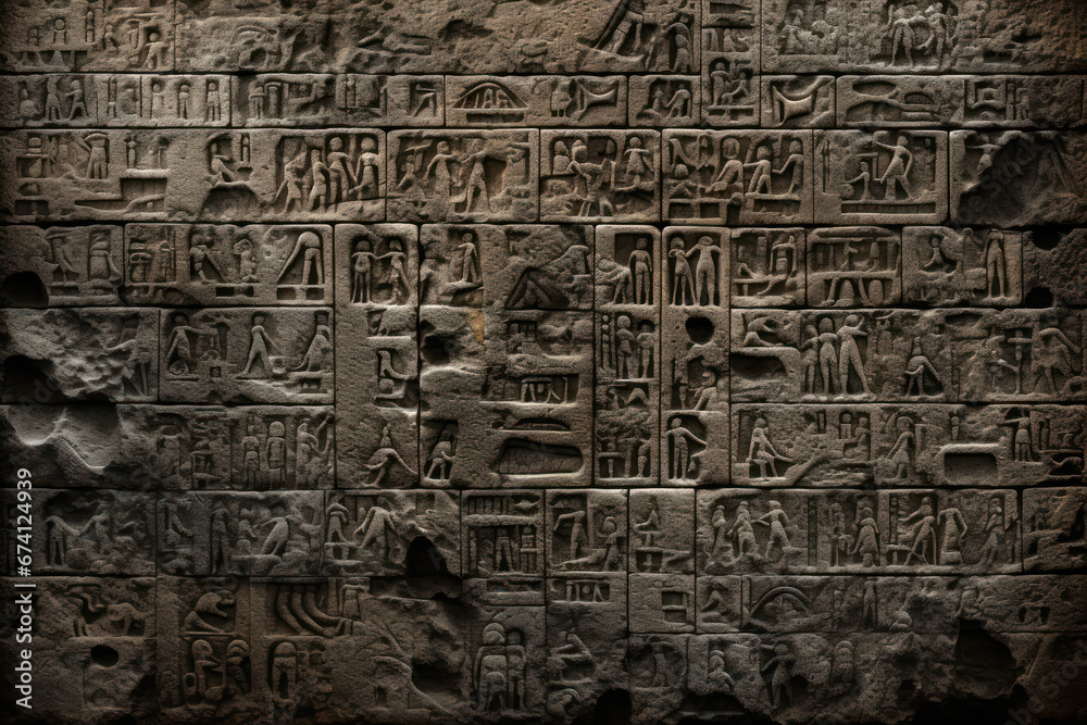 Cuneiform or Egyptian hieroglyphs of Ancient civilization carved on dark stone wall. Undeciphered signs like Sumerian and Babylonian writing. Concept of mystery, old script, puzzle - obrazy, fototapety, plakaty 