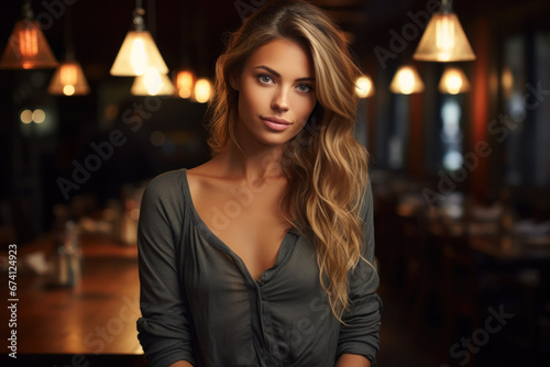 Sexy young woman in bar or cafe  female person sits in restaurant. Portrait of adult girl with blond hair on blurry background of dark interior. Concept of fashion  night  beauty