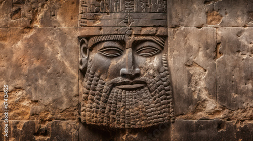 Babylonian wall art, face of king carved in old stone in Mesopotamia. Artifact of Ancient Sumerian and Assyrian civilization in Middle East, history of Iraq, Babylon culture