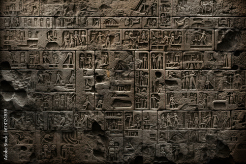 Cuneiform or Egyptian hieroglyphs of Ancient civilization carved on dark stone wall. Undeciphered signs like Sumerian and Babylonian writing. Concept of mystery, old script, puzzle photo