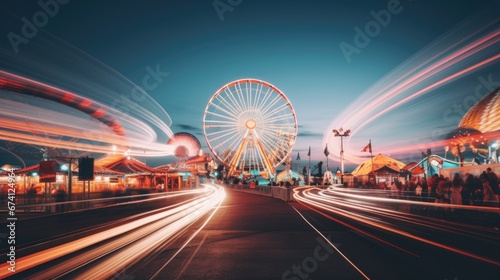Fototapeta Naklejka Na Ścianę i Meble -  Amusement park in the evening. Long exposure, motion blur. Rest, holidays and entertainment.