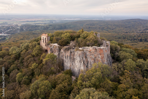 Aerial drone photo of the old Pajstun Castle ruins in autumn, Slovakia