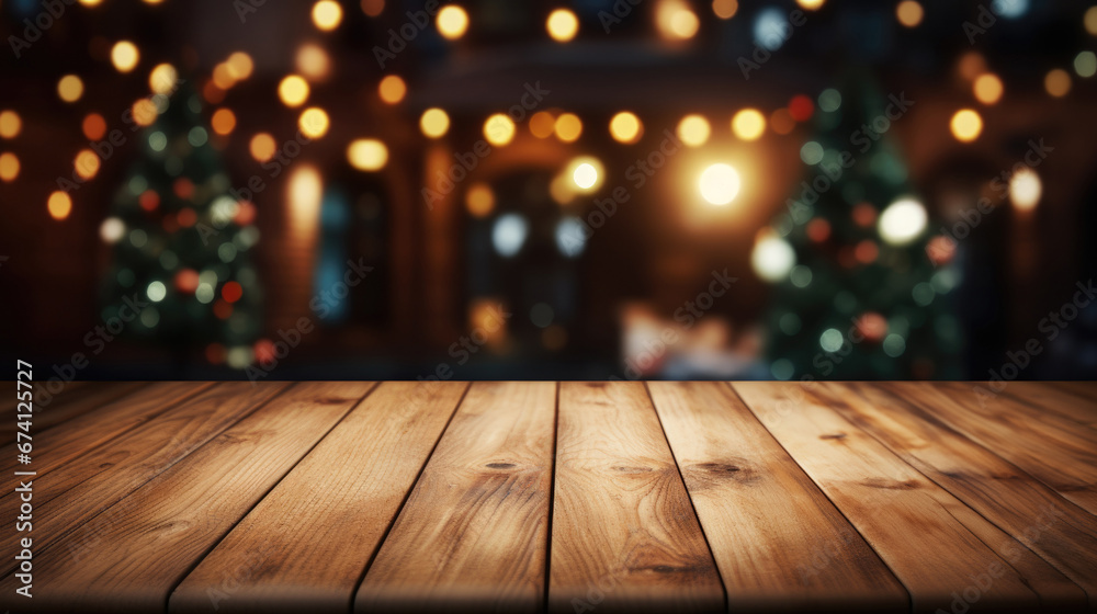 Empty wooden table with Christmas theme in the background