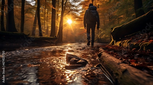 A person wearing hiking boots walking along the edge of a stream in the forest, surrounded by trees during the golden hour at sunset in autumn © Alin