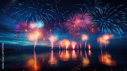 Festive fireworks over the sea. Holidays and events. © Restyler