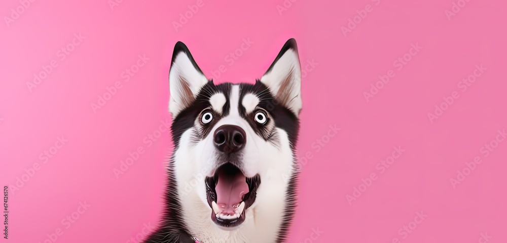 a portrait of a Siberian Husky dog with a surprised expression, looking into the camera isolated a pink background.
a portrait of a Siberian Husky dog with a surprised expression, looking into the camera isolated a pink background.