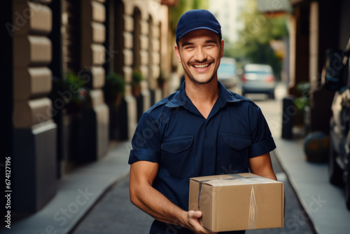 A friendly smiling man in a postman's uniform with a parcel. Mail, delivery, parcel.
