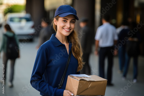 Friendly smiling woman in a postman's uniform with a parcel. Mail, delivery, parcel. © Restyler