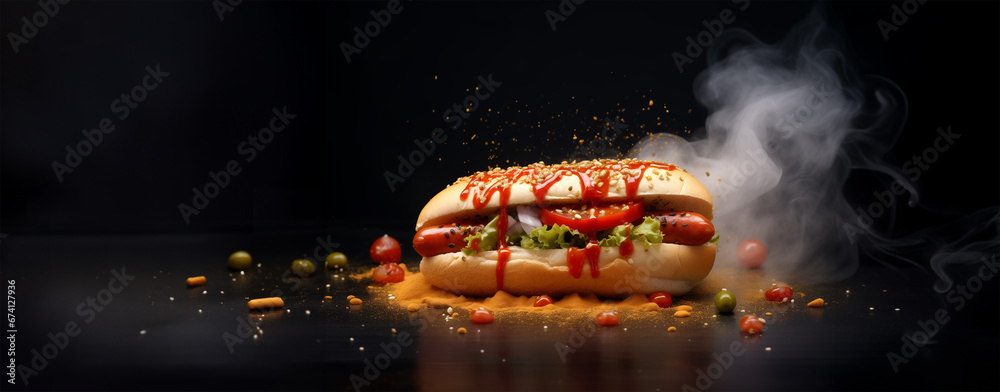 fresh hotdog or sausage sandwich with flying ingredients and spices hot ready to serve and eat food commercial advertisement menu banner with copy space area - obrazy, fototapety, plakaty 