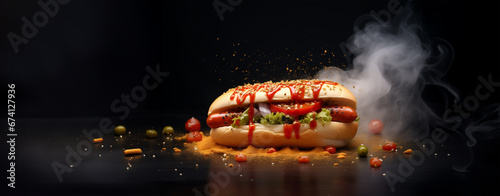 fresh hotdog or sausage sandwich with flying ingredients and spices hot ready to serve and eat food commercial advertisement menu banner with copy space area photo