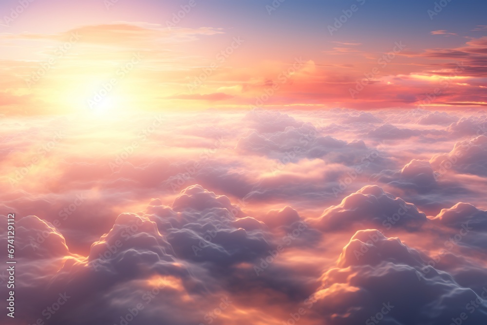 Cloudy aerial shot above the sky with sunbeam in the distance