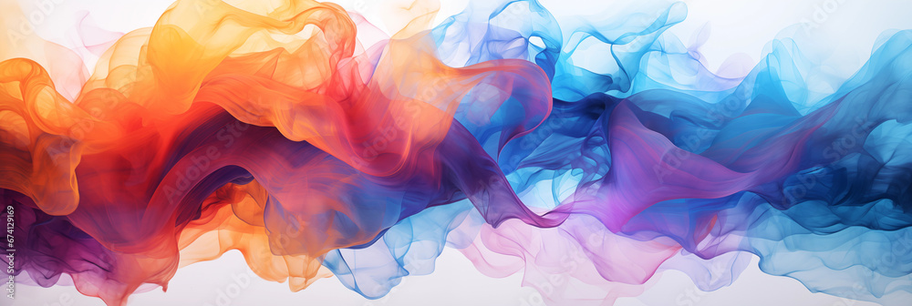 Realistic thick colorful smoke on white background. Abstract colorful banner image. AI generated content.