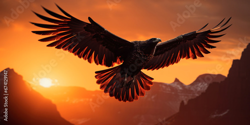 Majestic Eagle flying in the sky among the mountains under sunlight of sunset