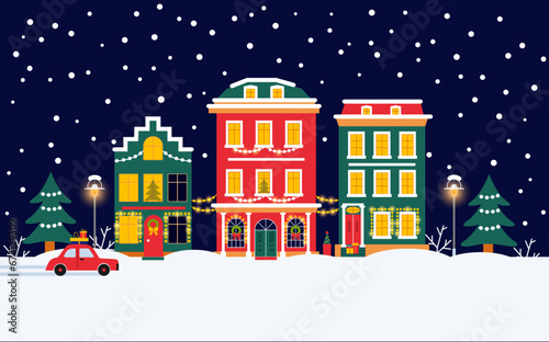 Christmas night scene panorama  with decorated houses  snow  lights  and trees. Vector illustration 