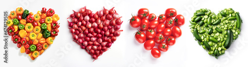Set of four hear shapes made of colorful bell peppers, red onion, tomatoes and cucumbers on white background photo