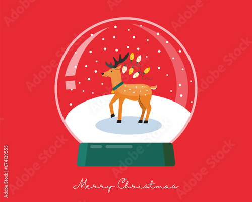 Snow ball with reindeer  tree and  snow  on red background.  Vector design template  for Christmas and Happy New Year